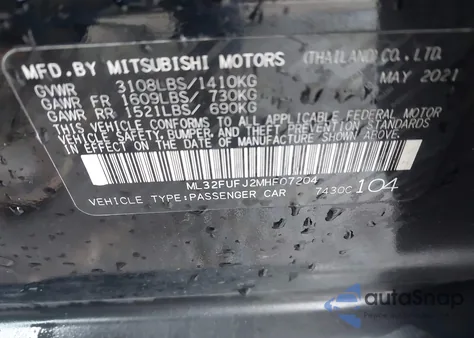 2021 Mitsubishi Mirage G4 Carbonite Edition/Es/Le из США, поврежденный, VIN ML32FUFJ2MHF07204